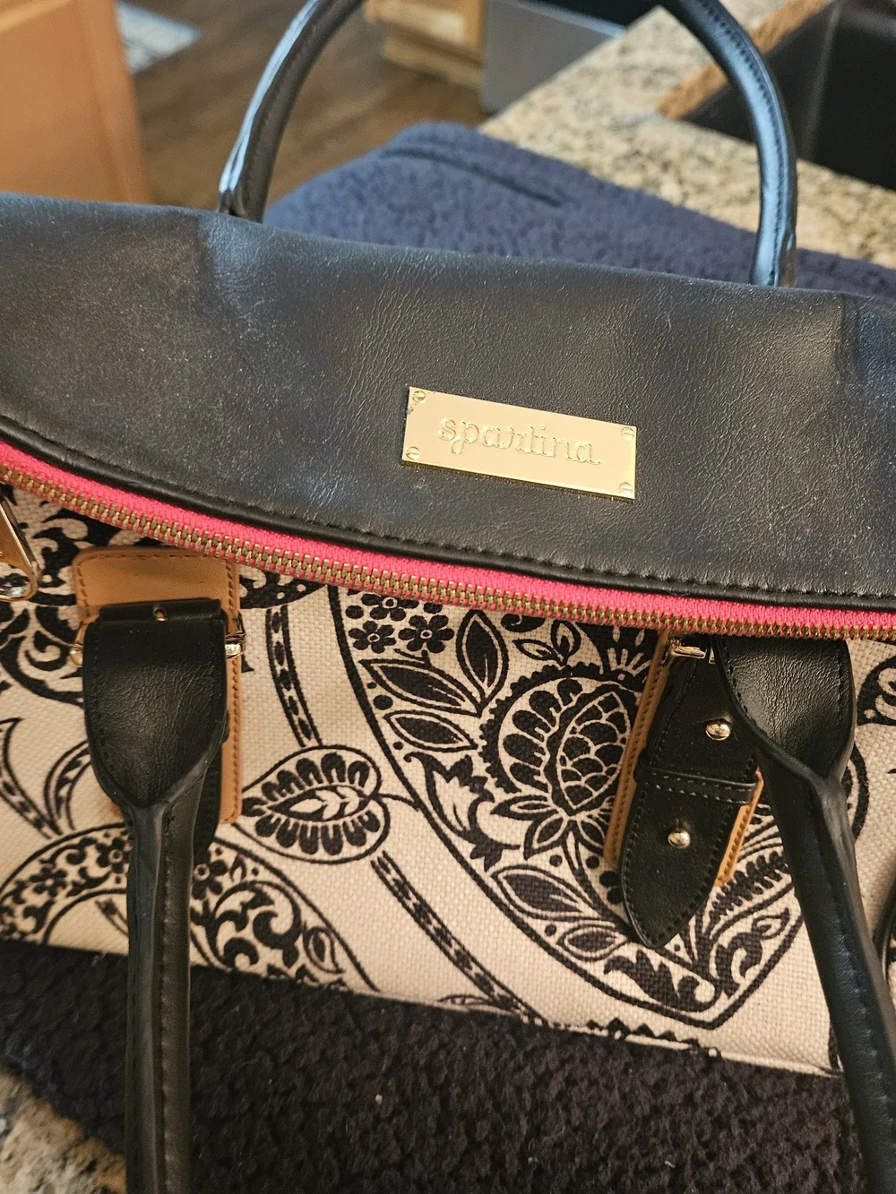 Black and Cream Floral Satchel with Gold Accents